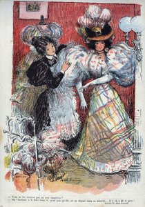 Findest du nicht, dass sie ein bisschen übertrieben sind? Humoristische Zeichnung von Abel Faivre (1867-1945). „Das Lachen“, Nr. 45 1895. - Eine Frau probiert ein neues Kleid mit zwei großen Ärmeln. Sie fragt um Rat von ihrem Begleiter. von Jules Abel Faivre