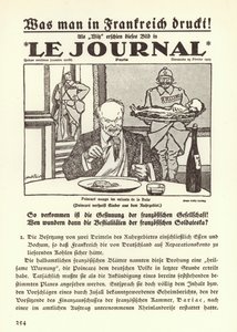 Deutsche Propaganda zeigt die Titelseite einer französischen Zeitung mit einer Karikatur, die Premierminister Raymond Poincare zeigt, wie er während der französischen Besetzung der Region die Kinder des Ruhrgebiets isst