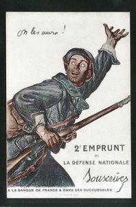 Postkarte, Satirisch in Farben: Krieg von 14-18, Leihen, Patriotische Tage - Soldaten Illustration von Abel Faivre (1867-1945) von Jules Abel Faivre