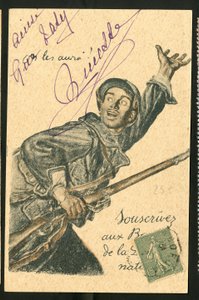 Postkarte: Abonniere National Defence Bonds - Krieg von 14-18, Kriegführende und Symbole, Darlehen, Patriotische Tage - Illustration von Abel Faivre (1867-1945) von Jules Abel Faivre