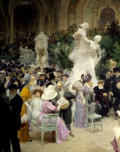 Belle Époque: „Ein Freitag im Salon des artistes français“. Gesellschaftliches Leben während der Kunstausstellung im Grand Palais in Paris. (Detail) von Jules Alexandre Gruen or Grun