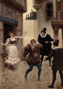 Ein Mann rennt weg, nachdem seine Frau sein Wort gefunden hat. An seiner Seite der Arzt und der Chirurg, die seine Frau operiert haben. Pantagruel. Illustration von Jules Garnier. Rabelais und das Werk von Jules Garnier von Jules Arsene Garnier