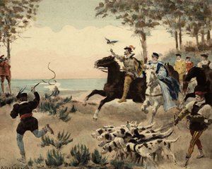 Bewohner der Abtei von Theleme, die Thelemiter, auf der Jagd. Gargantua. Illustration von Jules Garnier. In „Rabelais et l