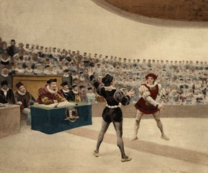 Das Duell zwischen Panurge (Rücken) und dem Engländer Thaumaste. Pantagruel. Illustration von Jules Garnier. In „Rabelais et l
