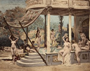 Frauen baden in der Abtei von Theleme. Gargantua. Illustration von Jules Garnier. In „Rabelais et l