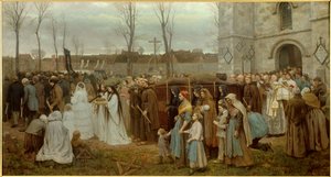 Das Aufstellen eines Kalvarienbergs. Prozession vor einer bretonischen Kirche. Gemälde von Jules Breton (1827-1906) 1858