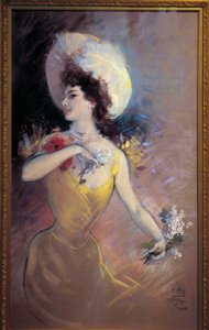 Junge Frau mit Hut und Blumenstrauß von Jules Cheret