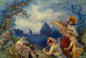 Die Erde, Allegorie junger Frauen mit Weizenbündeln vor einer Erntekulisse von Jules Cheret