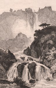 Ansicht der Marmore-Wasserfälle (Cascata delle Marmore) bei Terni, Umbrien, Italien, Stahlstich nach einer Zeichnung von Jules Coignet, ca. 14x20 cm von Jules Coignet