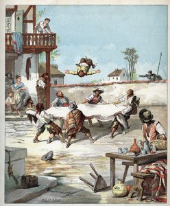 Sancho Panza wird in einem Gasthaus misshandelt und ruft seinen Herrn Don Quijote um Hilfe - Illustration von Jules David (1808-1892) aus „Geschichte von Don Quijote“
