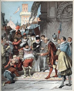 Sancho Panza wird zum Gouverneur der Insel Barataria ernannt - Illustration von Jules David aus „Histoire de Don Quixote“ von Miguel de Cervantes Saavedra - 1887