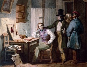 Studie. Ein fleißiger Schüler an seinem Schreibtisch bleibt bei der Arbeit, während seine Freunde ausgehen. Farbgravur von Jules David (19. Jahrhundert). Paris, Musée Carnavalet von Jules David