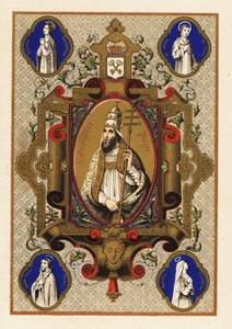 Porträt von Sankt Gregor, Papst Gregor I., mit Triregnum oder Dreifachkrone und päpstlicher Ferula, innerhalb eines dekorativen Rahmens von Jules Desportes