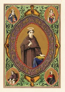 Porträt des Heiligen Thomas von Aquin, mit Heiligenschein, Federkiel und Bibel, in einem dekorativen Rahmen aus Laub und Gold von Jules Desportes