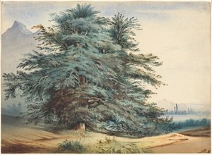 Zwei alte Bäume vor einem Berggipfel von Jules Dupré
