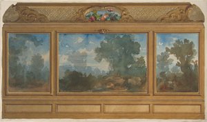 Erhebung eines getäfelten Innenraums, dekoriert mit gemalten Landschaften und Gewölben, 1830-97. Schöpfer: Jules-Edmond-Charles Lachaise, Eugène-Pierre Gourdet von Jules Edmond Charles Lachaise and Eugène Pierre Gourdet