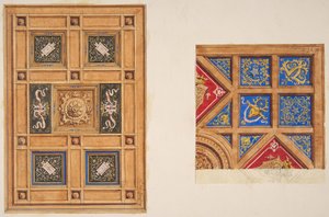 Zwei Entwürfe für eine getäfelte Decke mit gemalter Dekoration, 19. Jahrhundert von Jules Edmond Charles Lachaise and Eugène Pierre Gourdet