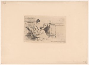 Frau mit Fächer auf niedrigem Stuhl von Jules Ferdinand Jacquemart (attributed to)