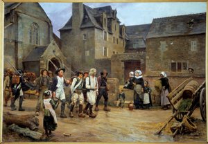 Französische Revolution: „Die Aufstände von Fouesnant“ Darstellung des Nedelec-Falls, verbunden mit der Einführung des neuen Justizsystems, Friedensrichter Alain Nedelec weigert sich, ohne ein vom König unterschriebenes Patent zu sitzen. Die Unruhen endete