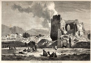 Die Vororte von Teheran (heutiges Iran). Zeichnung von Jules Laurens (1825-1901), zur Illustration von Arthur Gobineaus Reise nach Persien von 1855 bis 1858. Gravur in „Le tour du monde, nouveau journal des voyages“ Paris von Jules Joseph Augustin Laurens