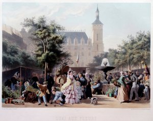 Ansicht des Quai aux Fleurs in Paris. Spaziergang auf der Ile de la Cite. Lithographie von Jules Marie Desandre von Jules Marie Desandre