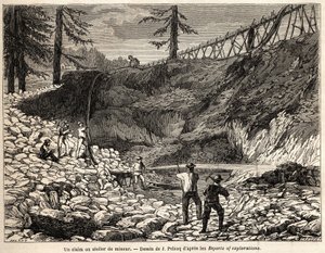 Eine Bergbauansiedlung oder Werkstatt in Kalifornien, Zeichnung von Jules Pelcoq, zur Illustration der Reise von Baron de Wogan nach Kalifornien in den Jahren 1850-1852. Gravur in „Le tour du monde, nouveau journal des voyages“ Paris