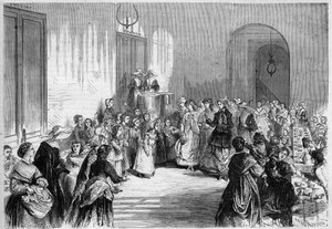 Die Kaiserin Eugenie de Montijo (1826-1920), Ehefrau von Napoleon III, beim Kinderessen im Speisesaal des Krankenhauses Eugene Napoleon nahe der Barriere du Trone in Paris. Nach einer Zeichnung von Jules Pelcoq. Gravur in „Das Illustrierte Universum“ von Jules Pelcoq