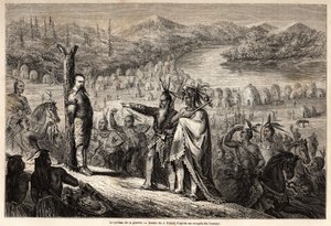 Der Kriegspfahl, der Baron von Wogan wird von den Indianern des Timpabaches-Stammes gefangen genommen von Jules Pelcoq