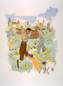 Humorvolle Weinillustration 1946. Illustration von Julien Pavil