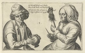 Spinnende Frau mit ihrem Ehemann von Julius Goltzius