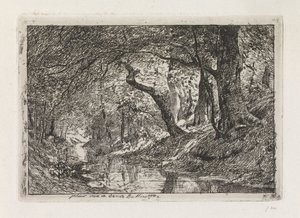 Waldlandschaft mit Bach und Bäumen am Ufer von Julius Jacobus van de Sande Bakhuyzen