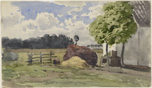Holzstapel vor einem Bauernhof auf der Wiese
