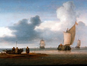 Strandszene mit Segelbooten und Fischern von Julius Porcellis