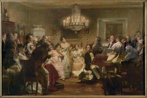 Schubert am Klavier während eines Schubert-Abends in einem Wiener Salon von Julius Schmid