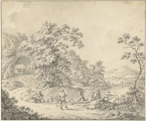 Landschaft mit einem Boot, in dem ein Schäfer mit seiner Herde sitzt von Jurriaan Andriessen (attributed to)