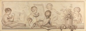 Sechs Putti mit Blumen und Früchten und Attributen der Zeichenkunst