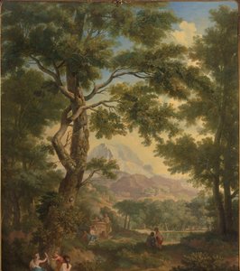 Arkadische Landschaft mit Kindern, einem Vogel und einem Hund im Vordergrund von Jurriaan Andriessen