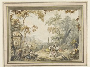 Entwurf für eine Zimmerbemalung: idyllisch-arkadische Landschaft mit klassischen Gebäuden