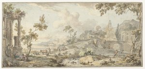 Entwurf für eine Zimmerbemalung mit südlicher Küstenlandschaft und Pyramide von Jurriaan Andriessen