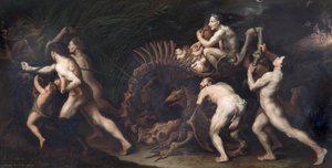 La Carcasse: eine Hexe wird auf dem Skelett eines Monsters gezeichnet, 17. Jahrhundert von Jusepe de Ribera