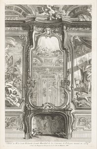 Kabinett von Herrn Graf Bielenski, Großmarschall der Krone von Polen, ausgeführt 1734; Kamin mit Spiegel, mit auf beiden Seiten einem Teil der Wandverkleidung und Gemälden, 1. Tafel von Juste Aurèle Meissonnier