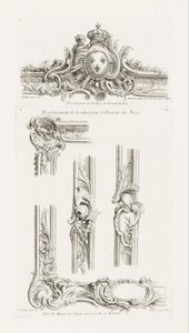 Design eines Kartusche mit den Waffen des Königs in einem Rahmen zentriert von Juste Aurèle Meissonnier