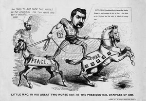 Little Mac, in seinem großen Zwei-Pferde-Akt, im Präsidentschaftswahlkampf von 1864, veröffentlicht von T.W. Strong, New York, ca. 1864