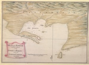 Plan des Hafens und der angrenzenden Teile auf der Landenge von Darien, wo die schottische Gesellschaft angesiedelt war. I. Watson: Ingenieur: 1743