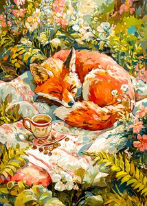 Schlafender Fuchs mit Tee von Justyna Jaszke