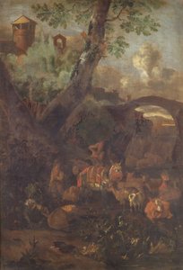 Landschaft mit Maultieren und Ziegen