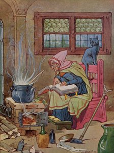 Hexe, Illustration aus einem Märchenbuch, ca. 1910-20 von K. Savely Dezso