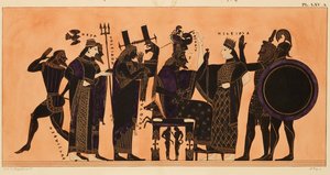 Druck der Dekoration auf einer griechischen Amphore, zeigt Hephaistos, Hera, Poseidon, Apollon, Zeus, Athene, Eileithyia, Herakles und Ares, ca. 1844 von Kaeppelin et Compagnie