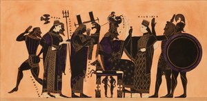Druck der Dekoration auf einer griechischen Amphore, zeigt Hephaistos, Hera, Poseidon von Kaeppelin et Compagnie