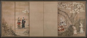 Fröhliches Treiben unter Aronia-Blüten. Rechts von einem Paar sechsteiliger Wandschirme, 18. Jahrhundert von Kano Isenin Naganobu